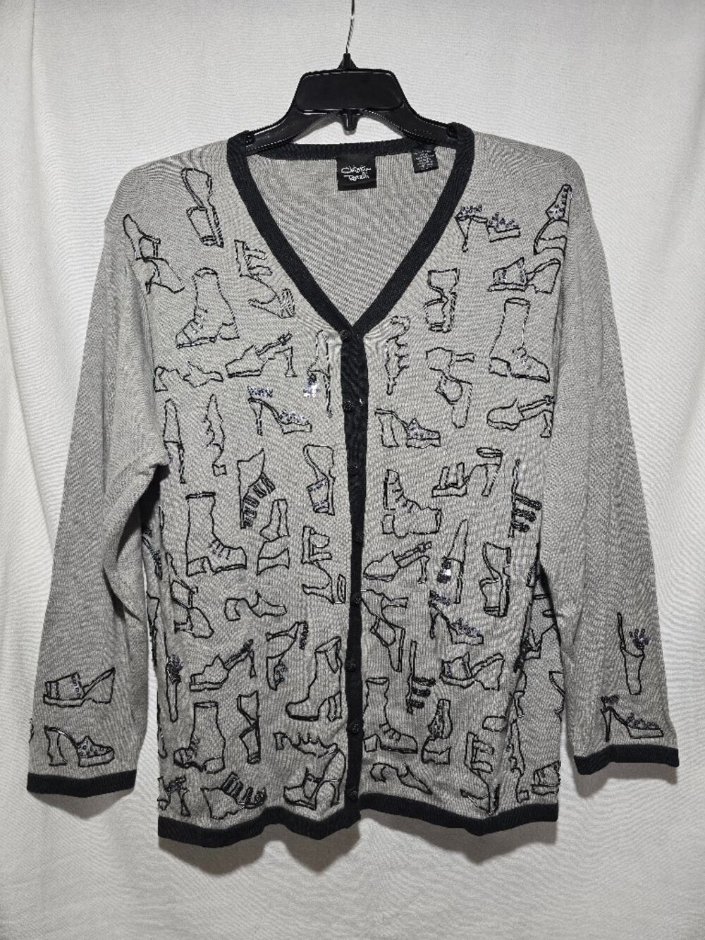 Christina Rotelli Vintage Beaded Sequin Shoe Pattern Gray Cardigan Sweater 2X